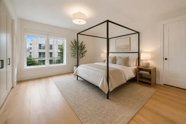 Warm Neutral Canopy Bedroom Staging