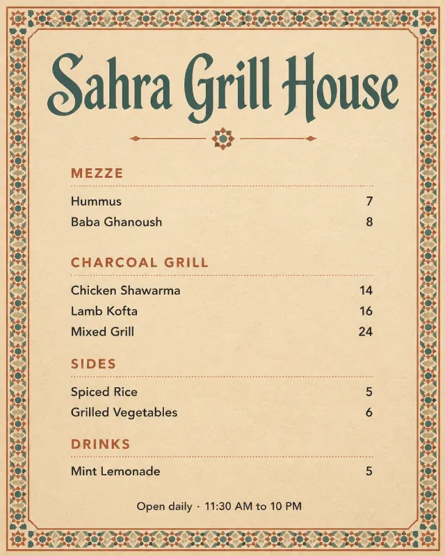 Warm Sand Middle Eastern Grill Menu