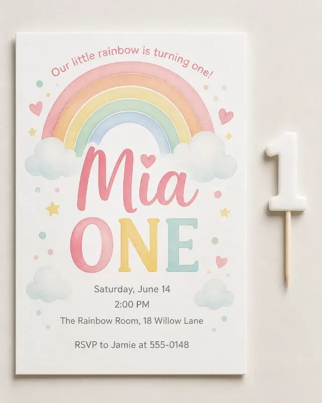 Watercolor Rainbow First Birthday Invitation