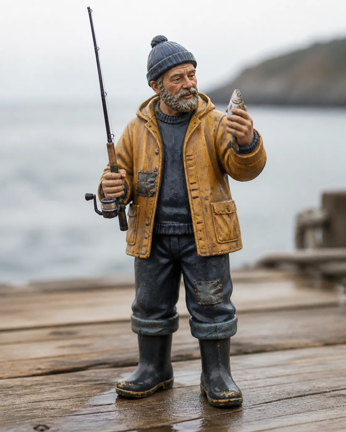 Weathered Fisherman Resin Figurine