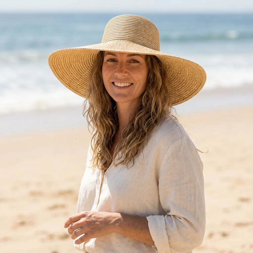 Wide-Brim Straw Hat Beach Model Photo