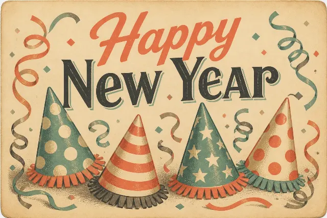 1930s New Year Postcard With Party Hats