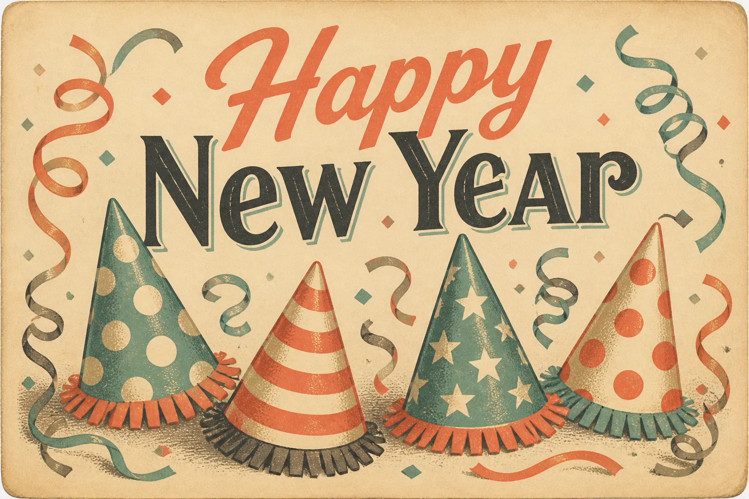1930s New Year Postcard With Party Hats