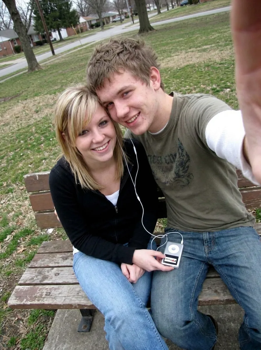 2000s Couple Park Bench Flip Phone Photo