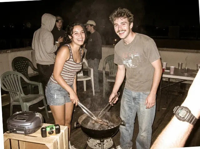 2000s Rooftop Barbecue Couple Photo