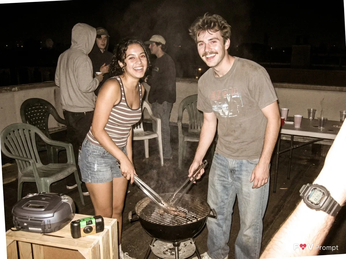2000s Rooftop Barbecue Couple Photo