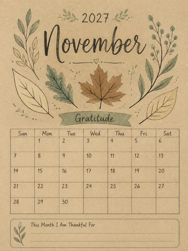 2027 Gratitude Calendar November Page