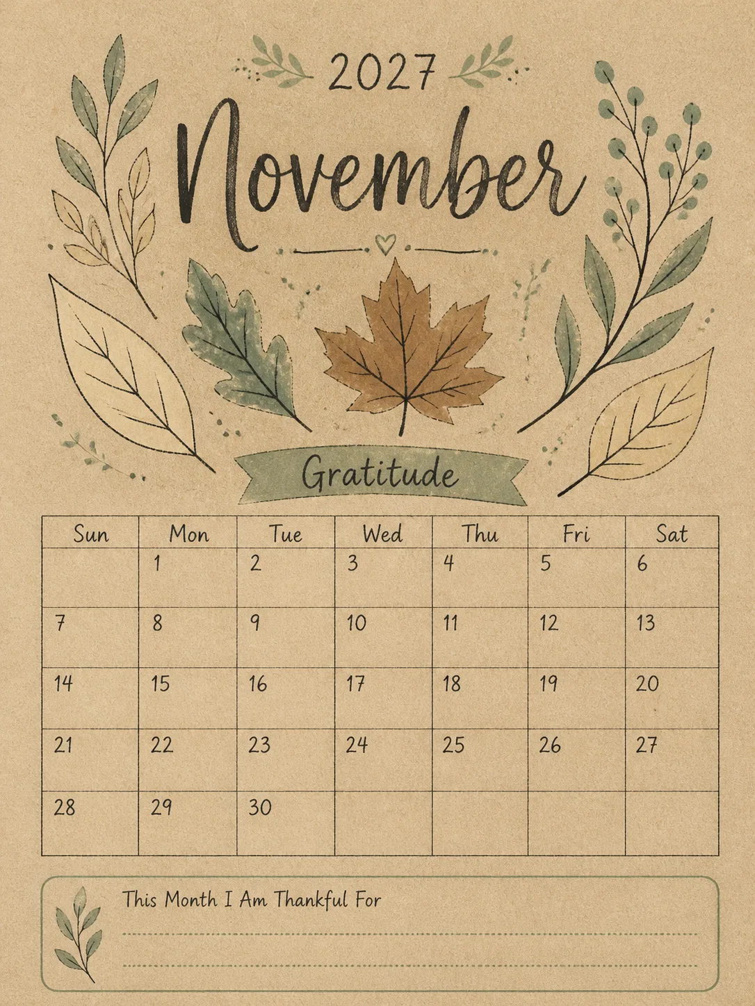 2027 Gratitude Calendar November Page