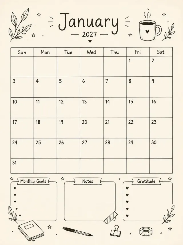 2027 Hand-Drawn Bullet Journal Calendar