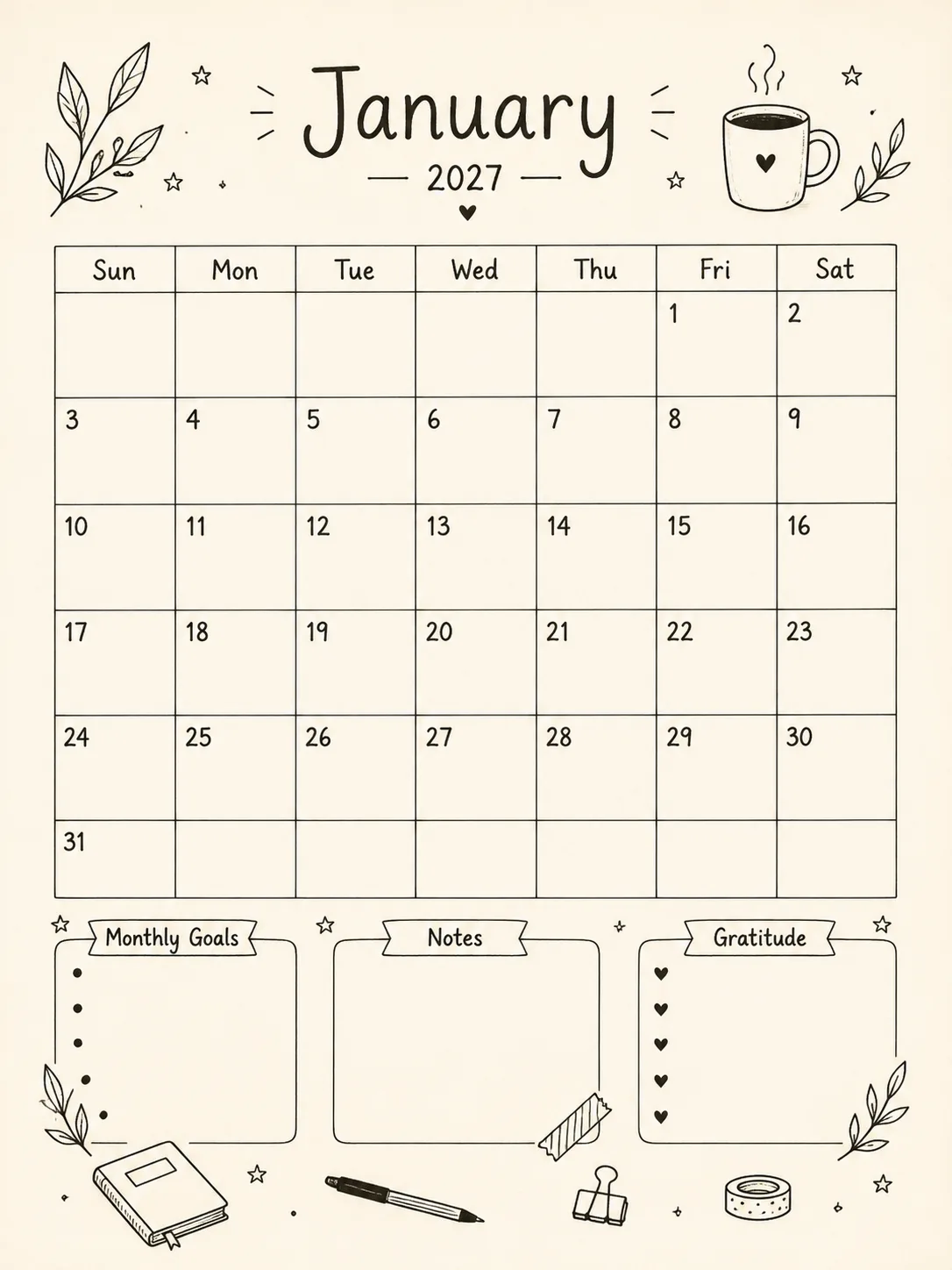 2027 Hand-Drawn Bullet Journal Calendar