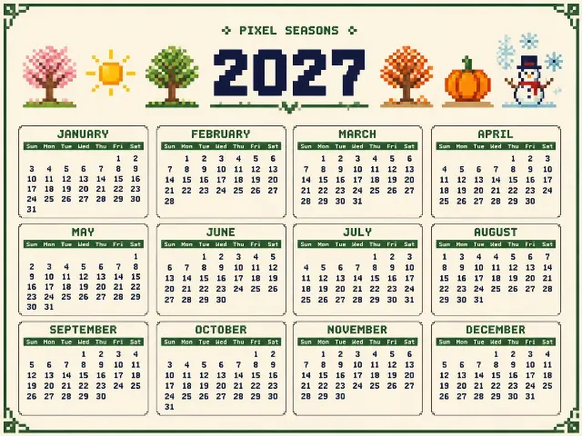 2027 Pixel Art Seasonal Year Calendar