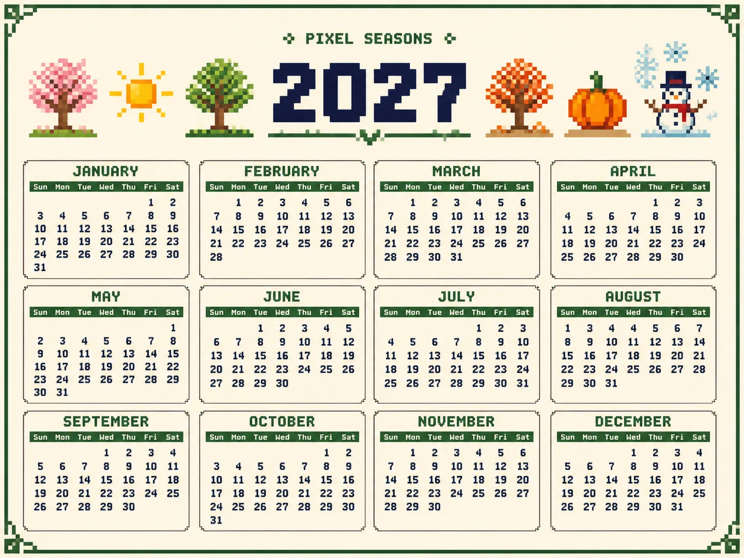 2027 Pixel Art Seasonal Year Calendar
