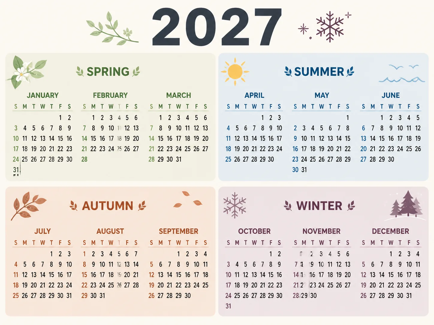 2027 Seasonal Blocks Year Calendar