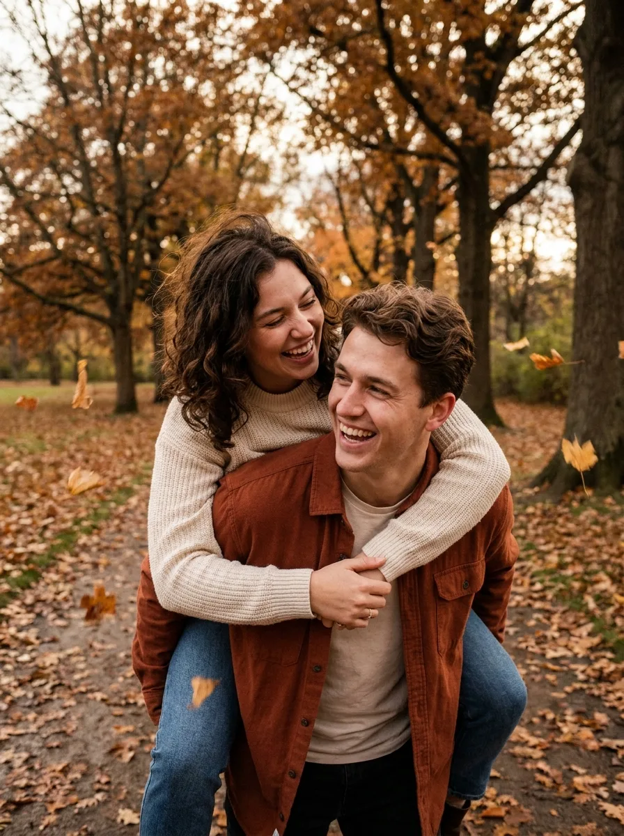 Autumn Park Couple Piggyback Photo