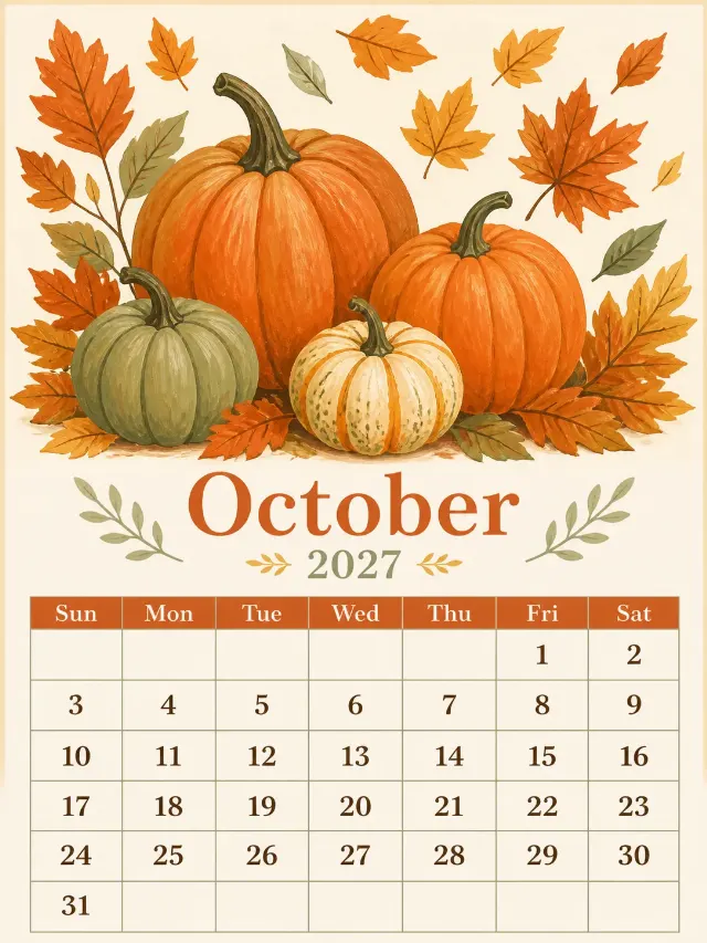 Autumn Pumpkins October 2027 Calendar Page