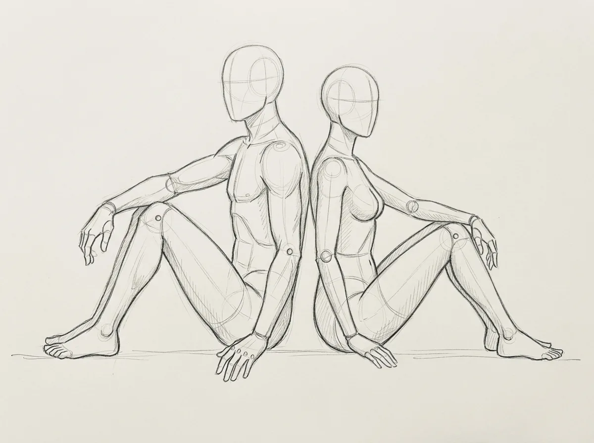Back To Back Couple Pose Sketch