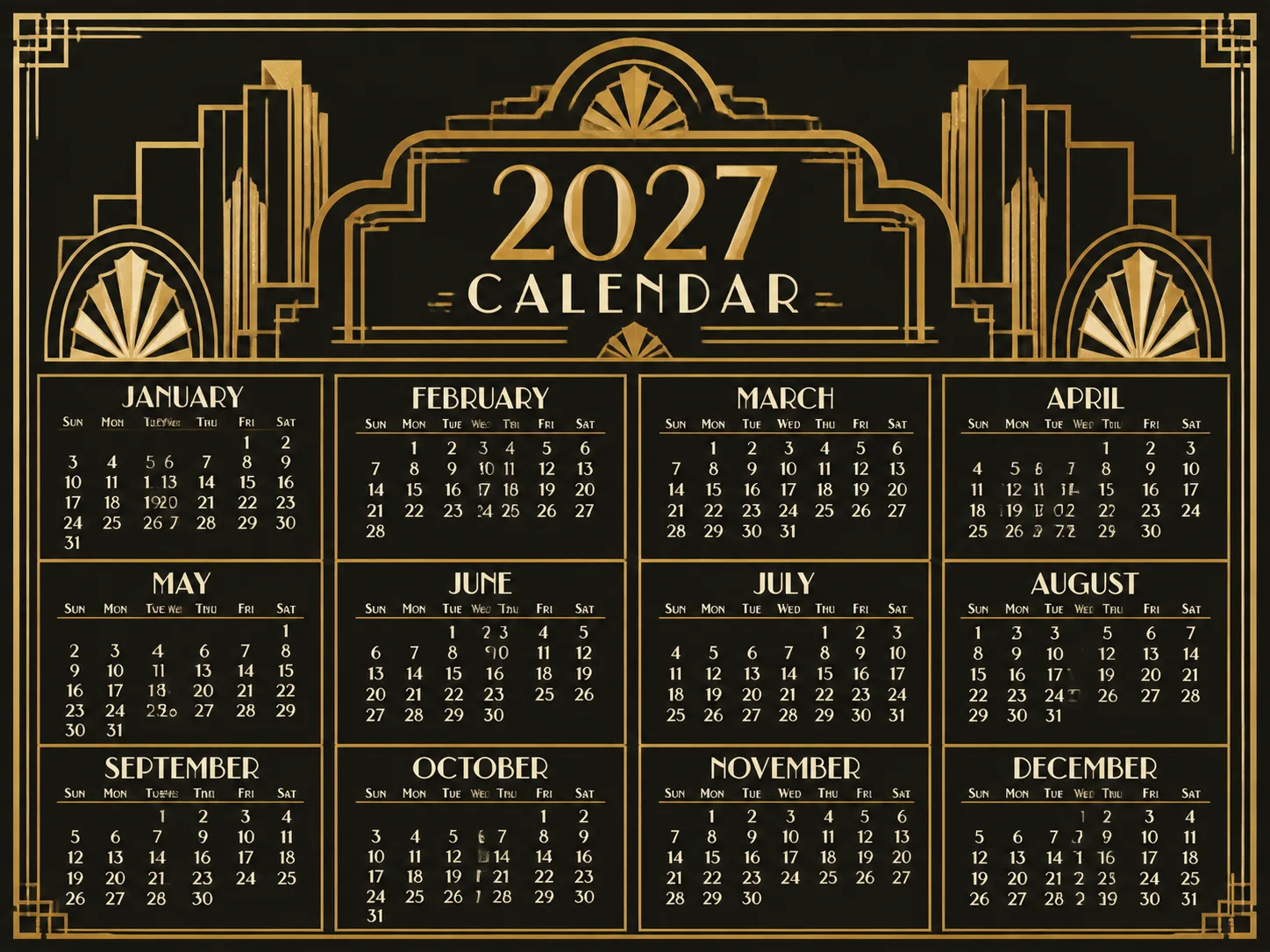 Black And Gold Art Deco Year Calendar