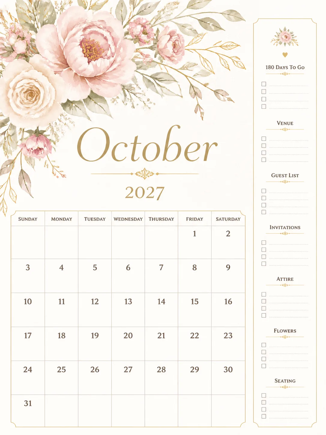Blush And Gold Wedding Countdown Calendar