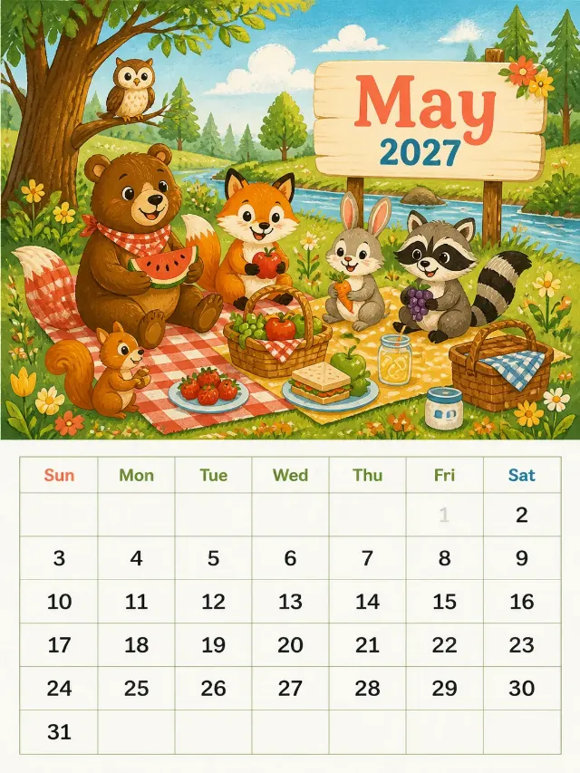 Bright Animal Picnic Kids Calendar Page