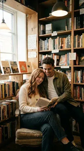 Candid Bookstore Couple Reading Photo