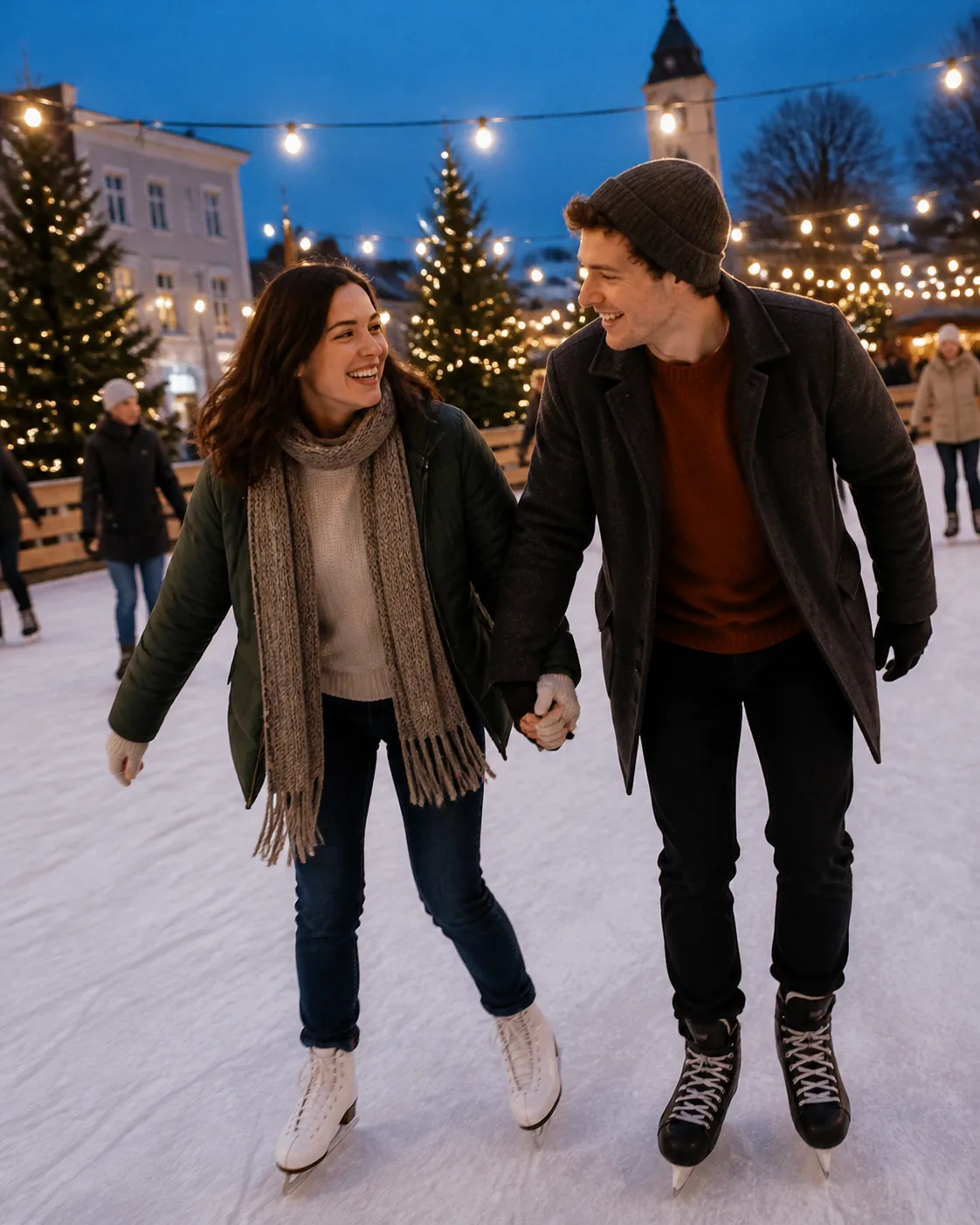 Candid Christmas Ice Skating Couple Photo