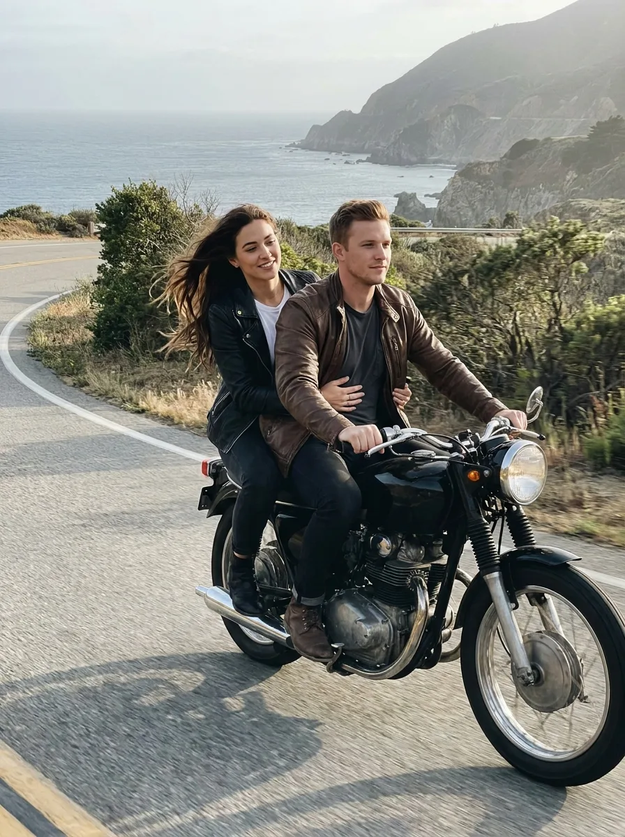 Candid Coastal Motorcycle Couple Photo