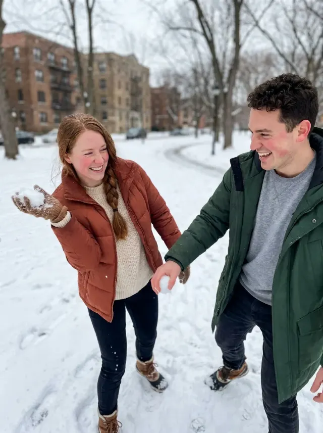 Candid Snowball Fight Couple Photo