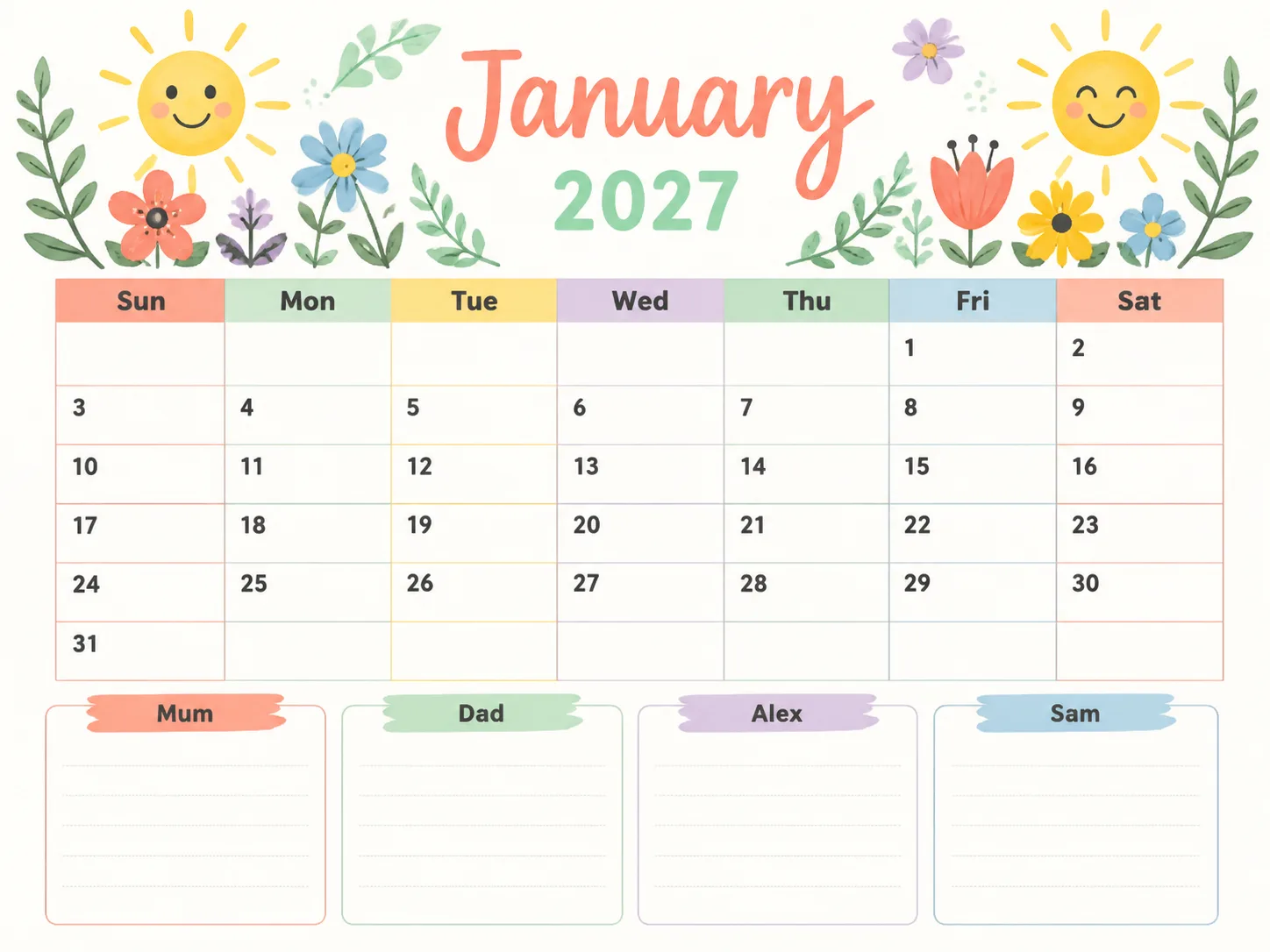 Cheerful 2027 Family Planner Calendar