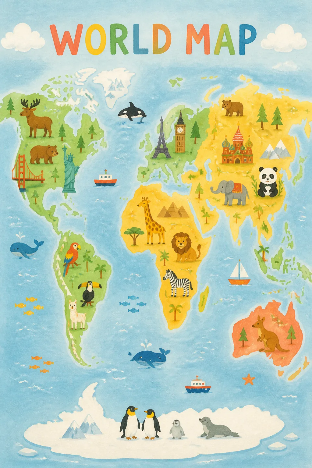 Cheerful Illustrated World Map Poster