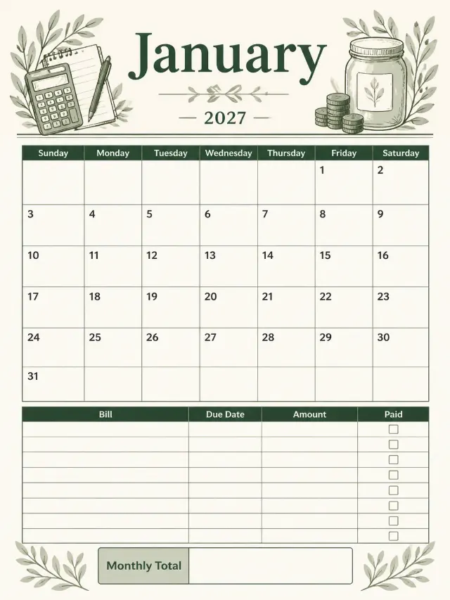Clean 2027 Budget Calendar Page