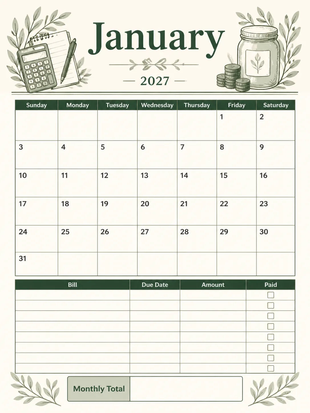 Clean 2027 Budget Calendar Page