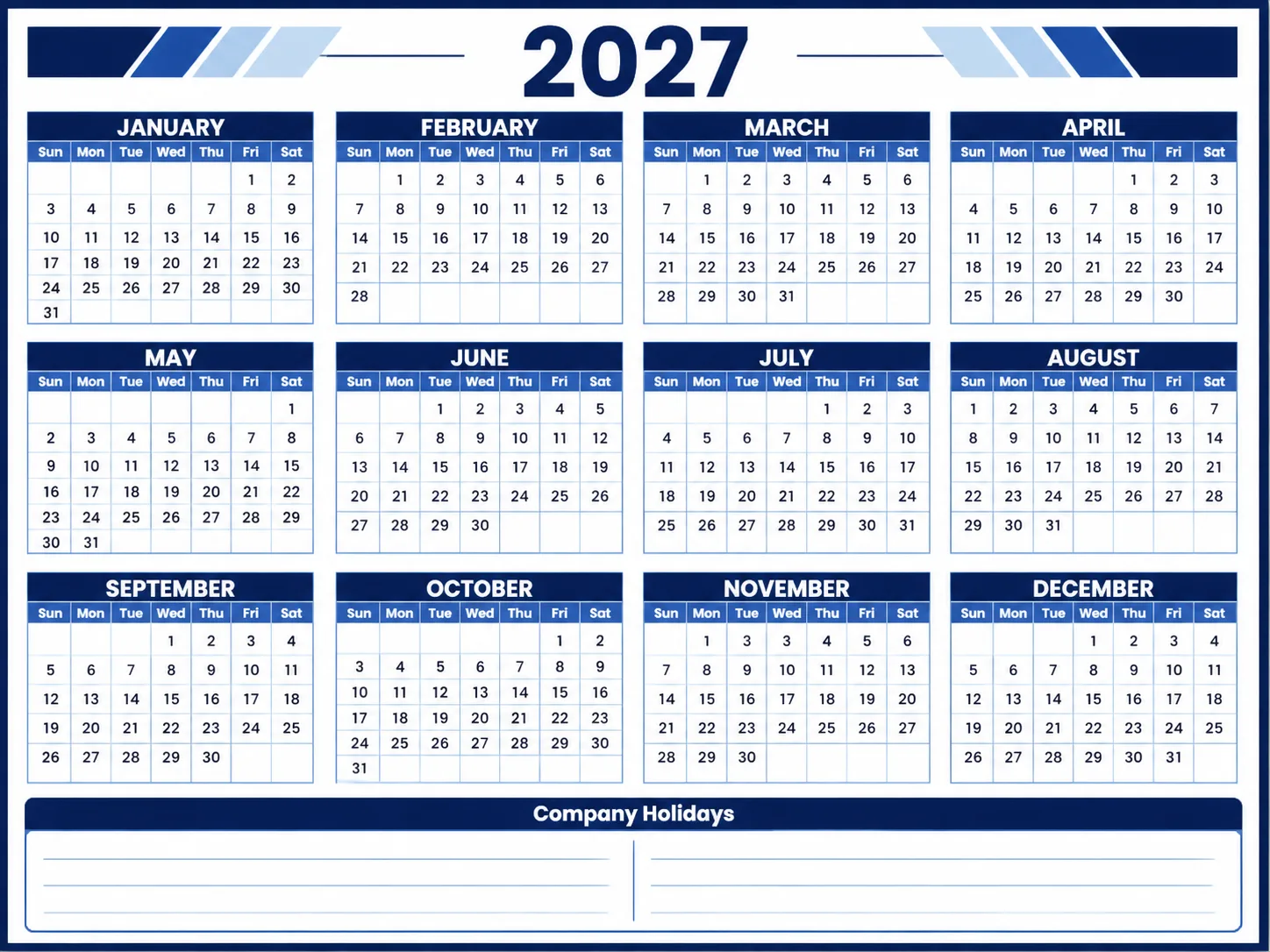 Clean Blue 2027 Corporate Calendar