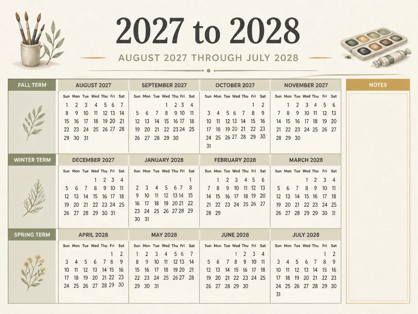 Clean Teacher Academic Calendar Layout