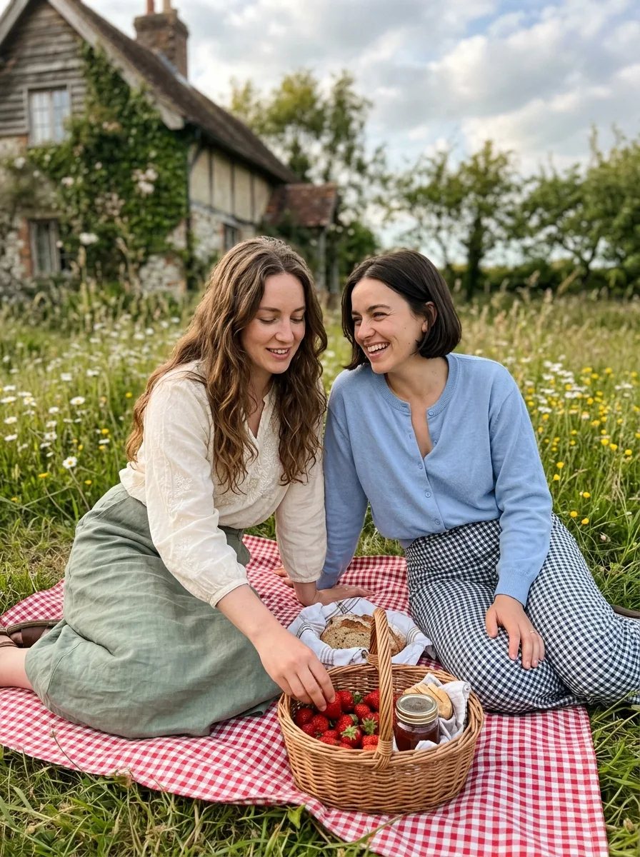Cottagecore Meadow Picnic Couple Photo
