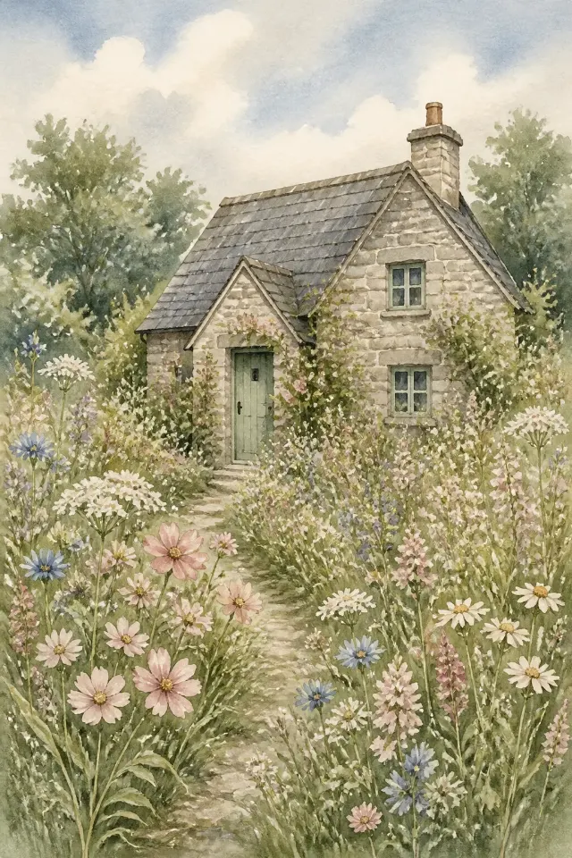 Cottagecore Stone Cottage Watercolor Print