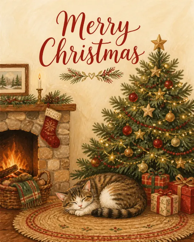 Cozy Cat Christmas Greeting Card