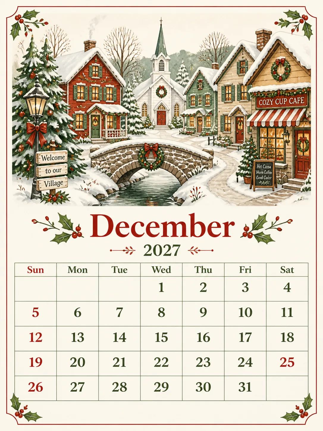 Cozy Christmas Village December Calendar