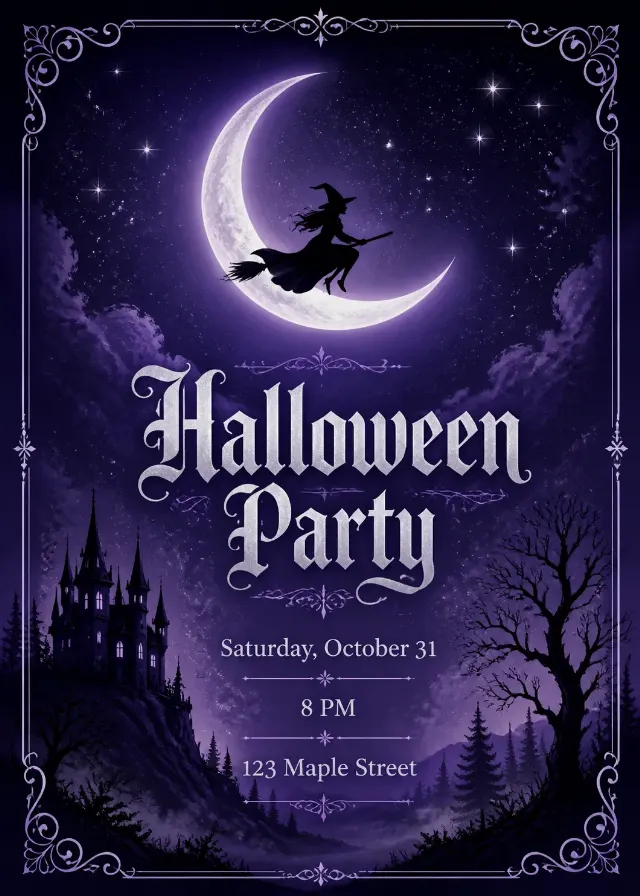 Crescent Moon Witch Halloween Invitation