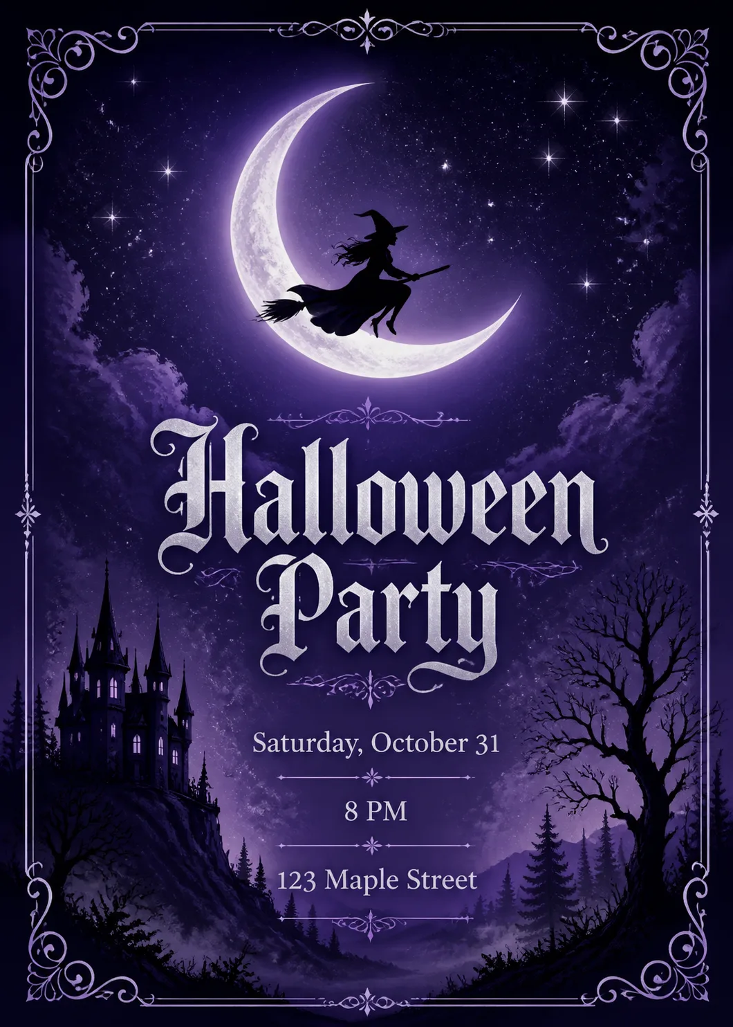 Crescent Moon Witch Halloween Invitation
