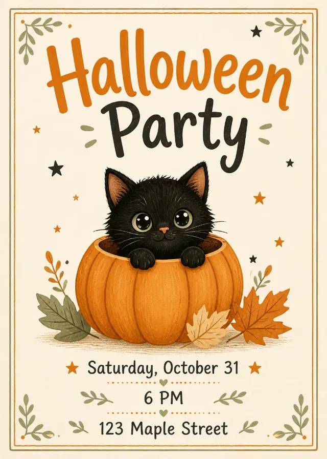 Cute Kitten Pumpkin Halloween Invitation