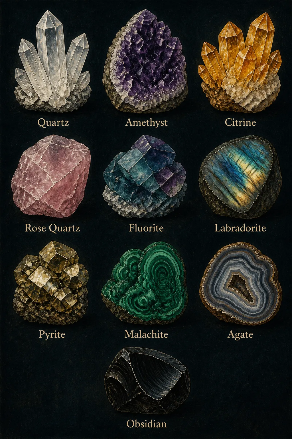 Dark Mineral And Crystal Chart Poster