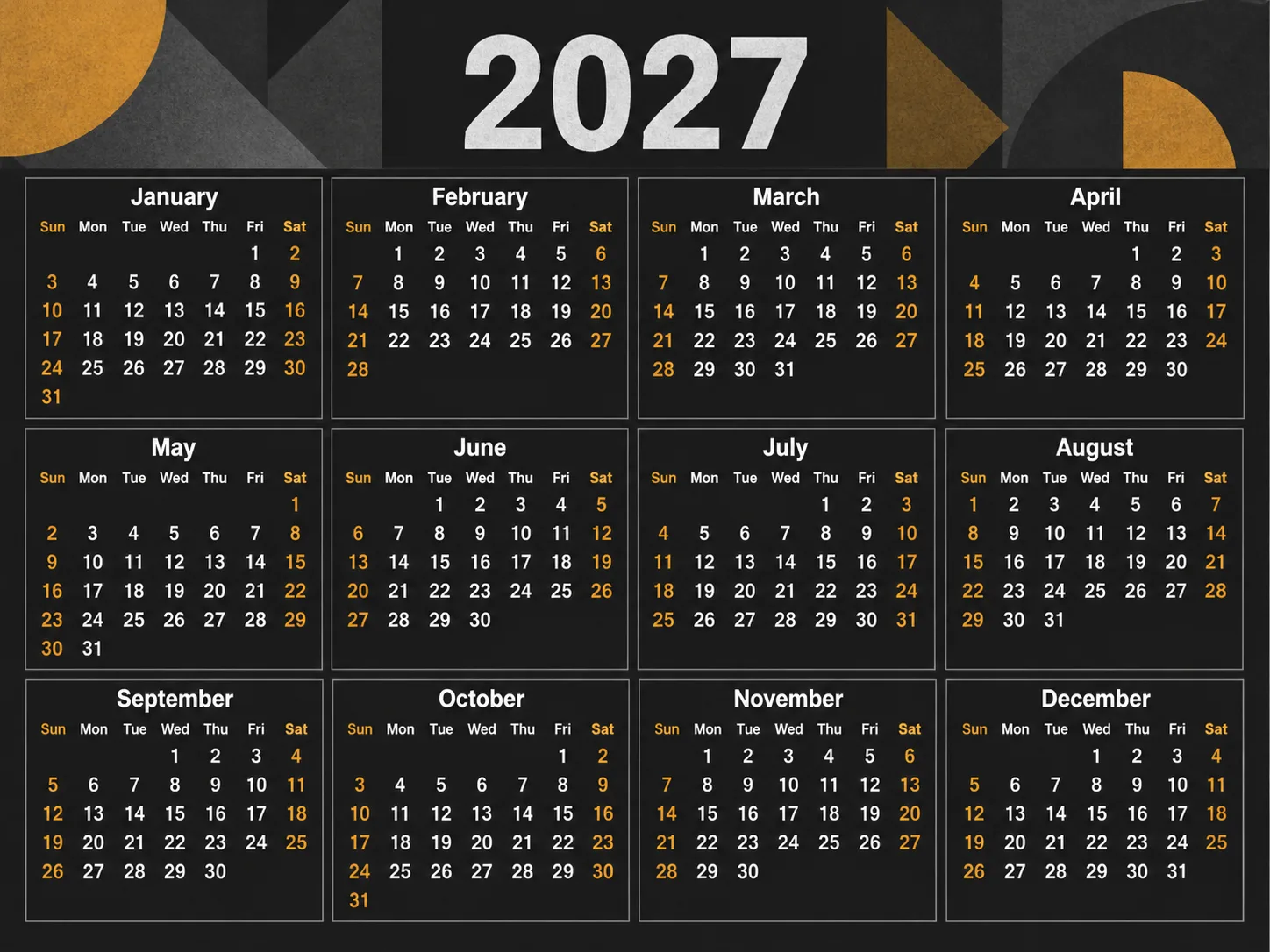 Dark Mode 2027 Annual Calendar
