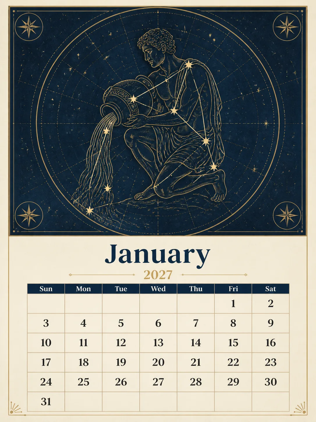 Deep Blue Gold Zodiac Calendar Page