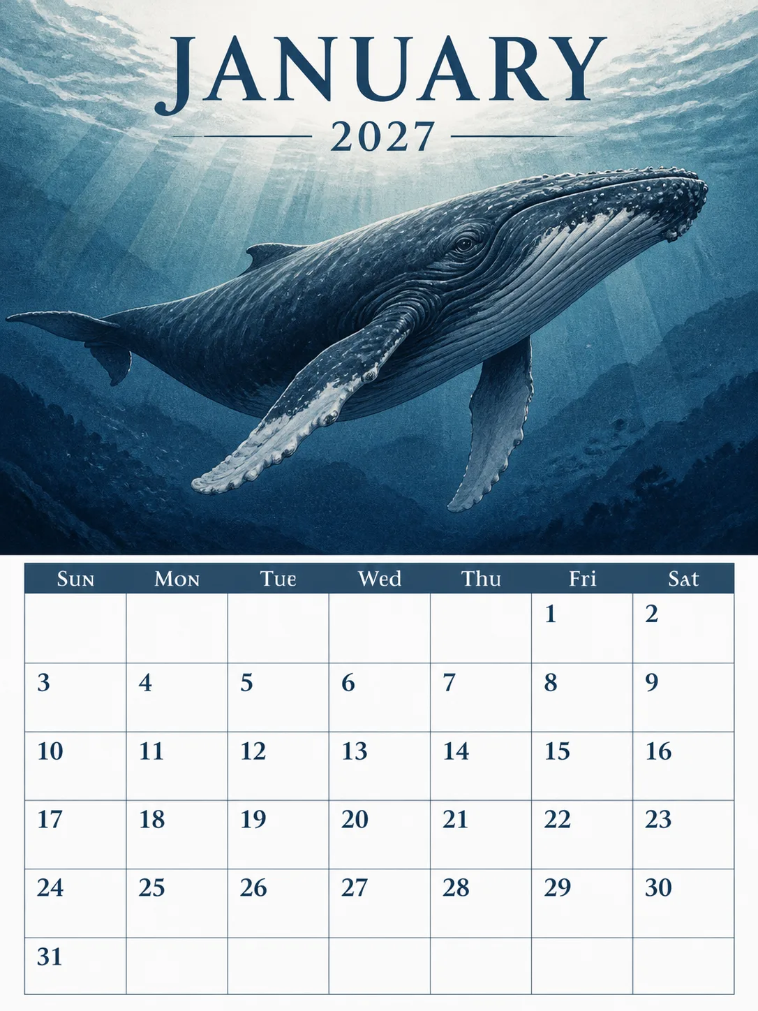 Deep Blue Humpback Whale Calendar Page