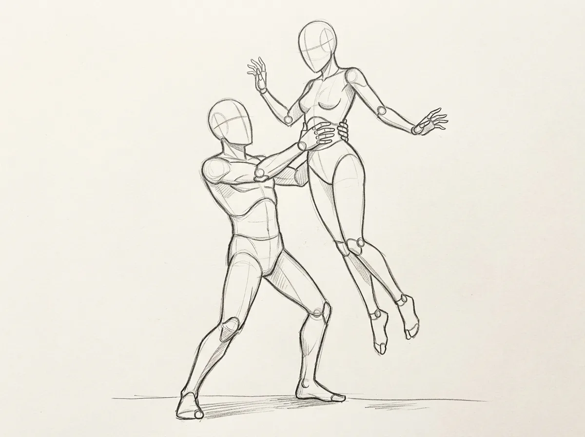 Dynamic Couple Lift Pose Sketch