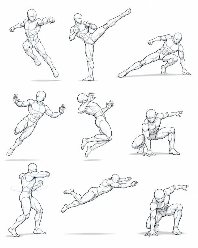 Dynamic Male Action Pose Sketch Sheet