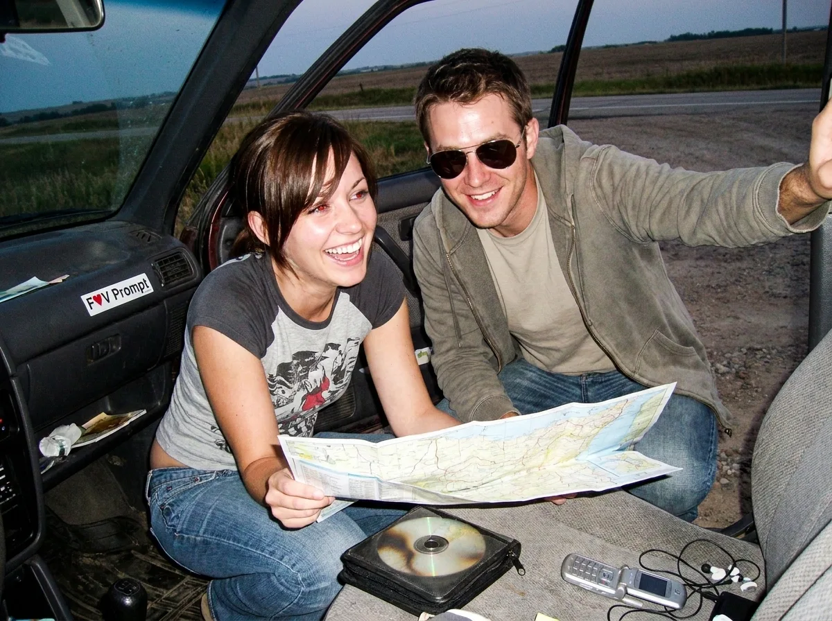 Early 2000s Hatchback Road Trip Couple