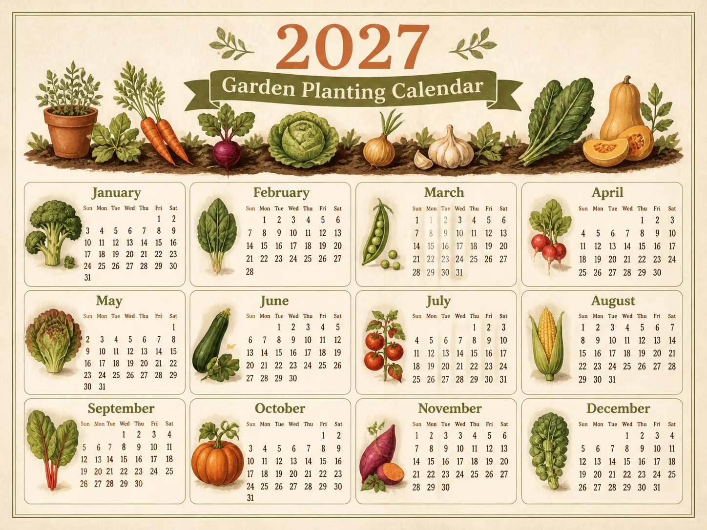 Earthy 2027 Vegetable Garden Calendar