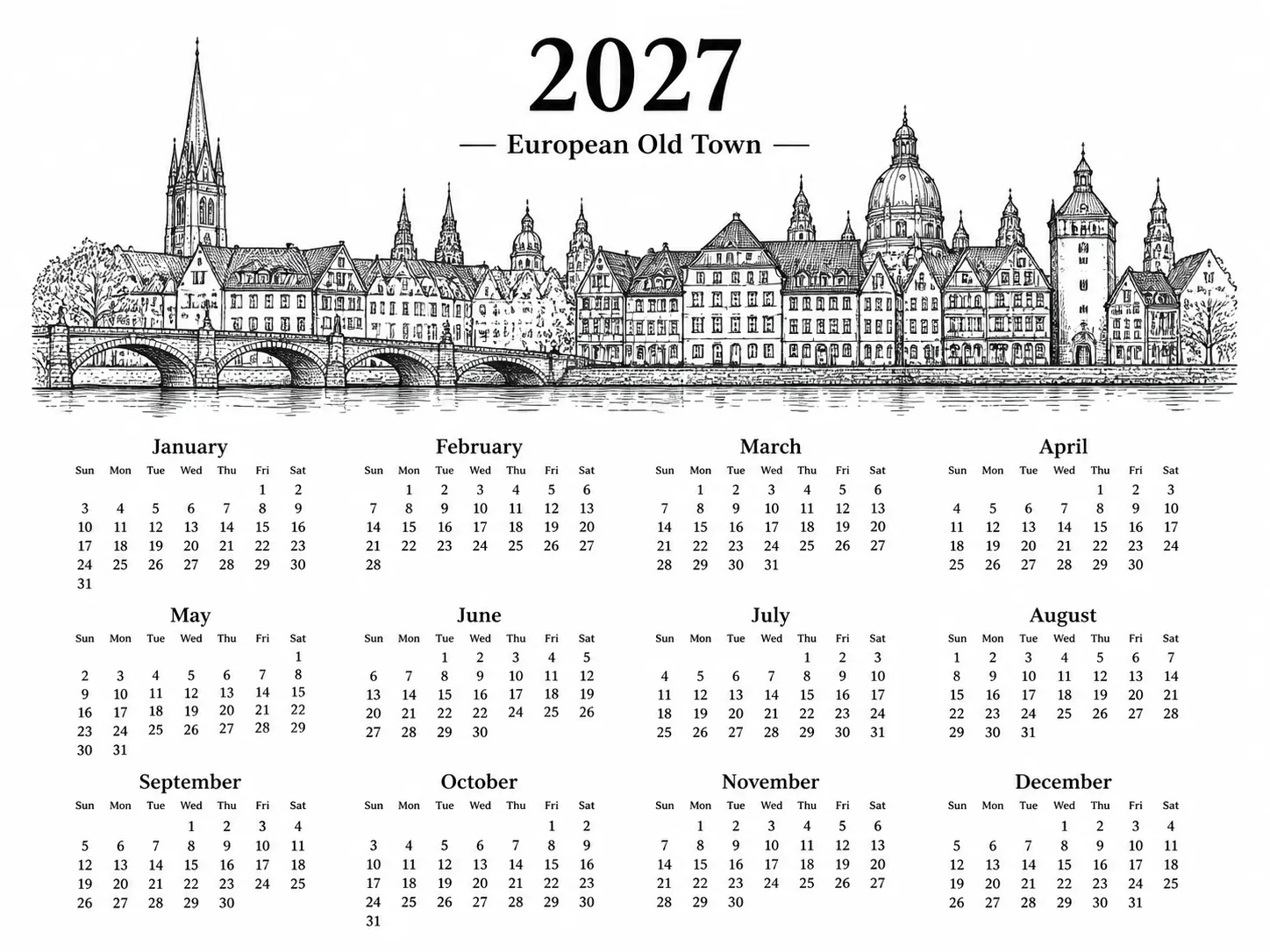 European Old Town Annual Calendar