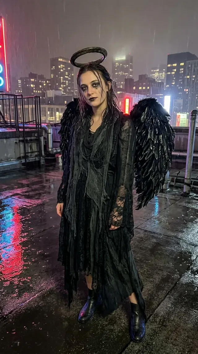 Fallen Angel Rainy Rooftop Costume Photo